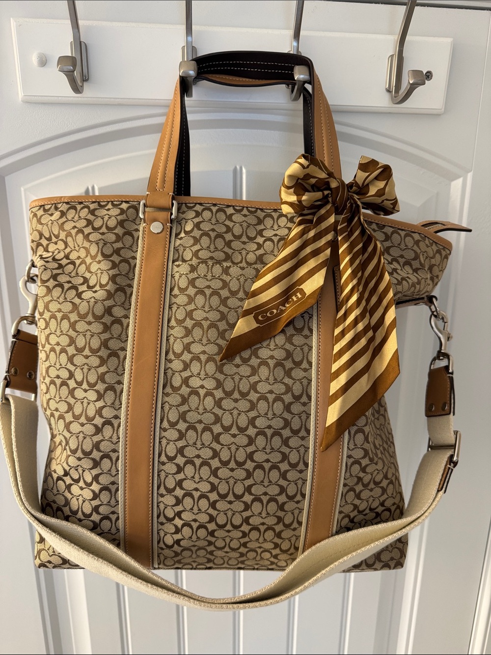 NWOT Coach Monogram Canvas Shoulder Tote with Tan Leather and Gold Stripe Scarf - Picture 1 of 16